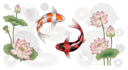 Naklejka premium Artistic koi fish illustration with tranquil lotus flowers and abstract water patterns design