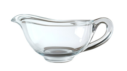 Clear glass gravy boat with handle against a black studio background shot