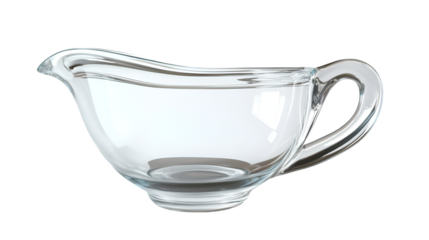 Clear glass gravy boat with handle against a black studio background shot