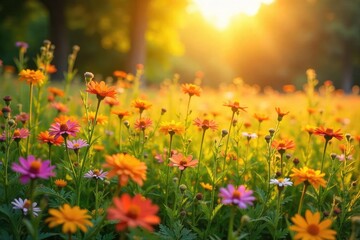 Obraz premium Golden sunlight bathes a field of vibrant wildflowers, creating a breathtaking scene of natural beauty Perfect for illustrating themes of summer, nature, and serenity , meadow, beauty, bright