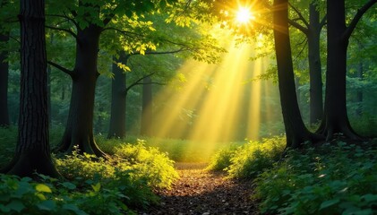 Obraz premium Golden sunbeams stream through gaps in a lush forest canopy, illuminating the forest floor with dappled light Perfect for nature, serenity, and environmental themes , beam, canopy