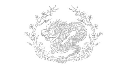 Elegant dragon motif with cherry blossoms and stylized waves in grayscale intricate line art