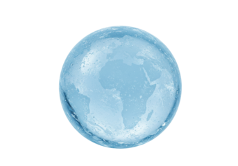 Isolated translucent blue glass globe with continents in the center, studio shot