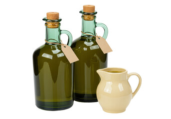 Isolated set of olive oil bottles and ceramic pitcher ready for delicious cooking preparation