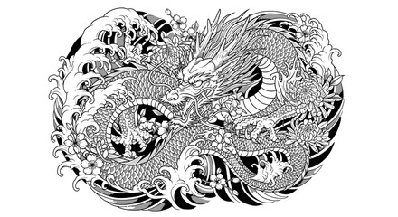 Majestic grayscale oriental dragon encircling floral ornamentation and swirling waves artwork