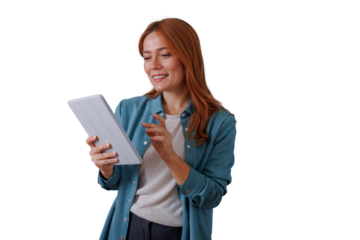 Redhead woman interacting with tablet, smiling, browsing digital content on a device with transparent background