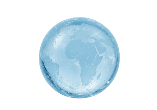 Isolated translucent blue glass globe with continents in the center, studio shot