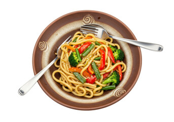 Isolated plate of Asian noodle stir-fry featuring udon noodles and assorted fresh vegetables