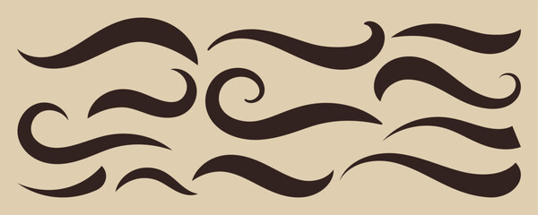 Hand-Drawn Swash Flourish Lines. Underline retro swoop wave line set. typography swoosh, swash tail. Curly strokes with squiggle tails. 