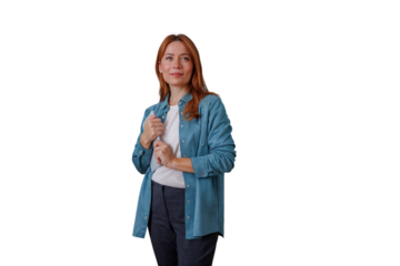 Professional redhead woman holding laptop, smiling, standing, confident, ready for work, transparent background