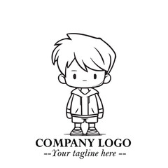 Black and White Chibi Boy Illustration with Jacket and Boots in Bold Thick Line Art Minimal Style
