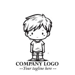 Black and White Chibi Boy Illustration with Jacket and Boots in Bold Thick Line Art Minimal Style
