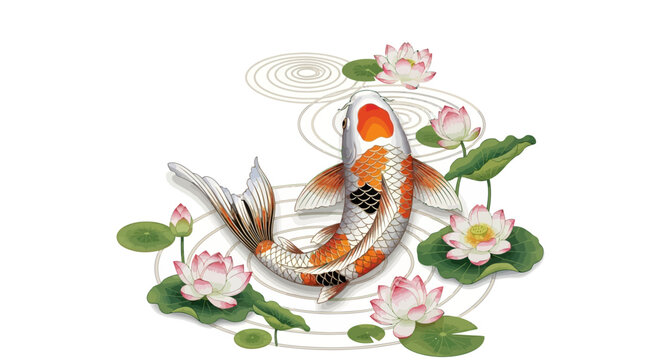 Elegance of koi carp swimming amongst the lotus flowers artistic interpretation