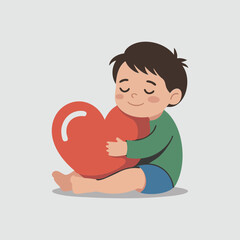 Child hugging heart flat vector illustration minimal clean design white background