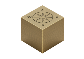 Isolated directional compass on a wooden cube for navigation, orientation and geography tool