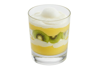 Isolated fruit parfait glass with kiwi, mousse, and creamy yogurt dessert on clear glass