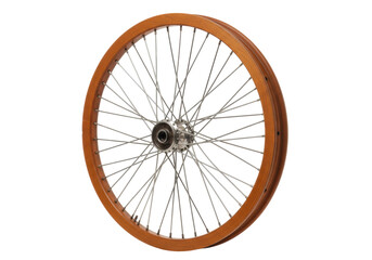 Isolated classic bicycle wheel featuring a wood rim and thin spokes for vintage appeal