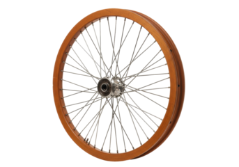Isolated classic bicycle wheel featuring a wood rim and thin spokes for vintage appeal