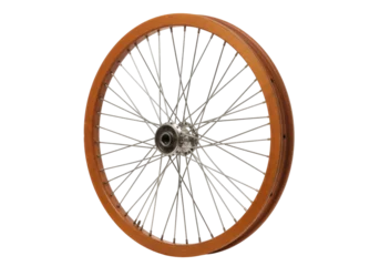 Fototapeten Fahrrad Isolated classic bicycle wheel featuring a wood rim and thin spokes for vintage appeal  © Celine
