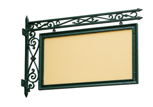 Isolated ornate wrought iron sign, old storefront sign with blank face for customization