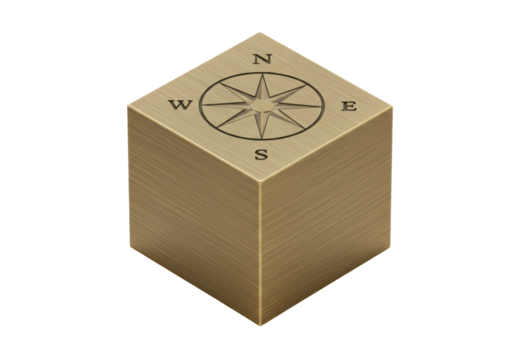 Isolated directional compass on a wooden cube for navigation, orientation and geography tool
