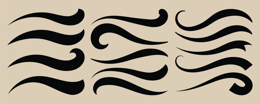 Hand-Drawn Swash Flourish Lines. Underline retro swoop wave line set. typography swoosh, swash tail. Curly strokes with squiggle tails. 