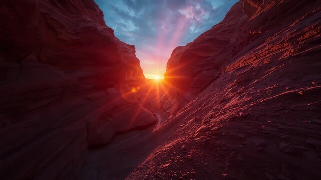 Sun's edge appearing, narrow red sandstone slot canyon glowing along sandy path with lens flares