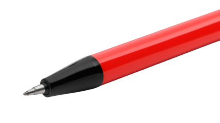 Close up of a red and black ballpoint pen against a for writing purposes