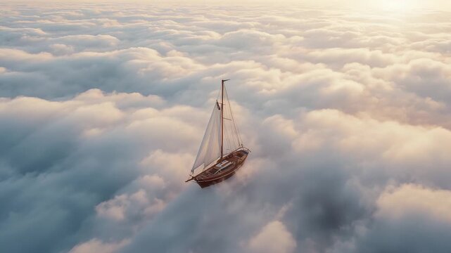 Guiding wooden sailboat above clouds as golden hour sunlight breaking through sky, copy space