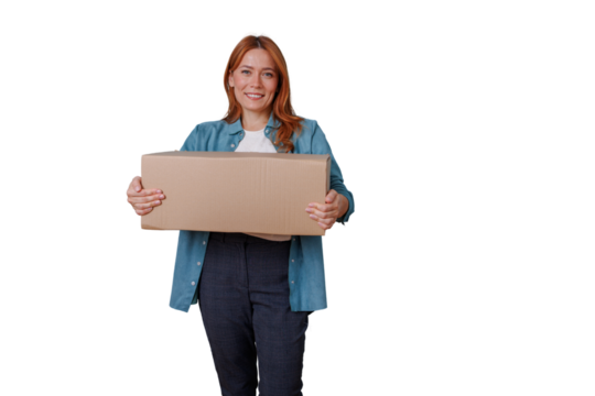Woman holding cardboard package, smiling, delivering goods, shipping services, consumer online shopping