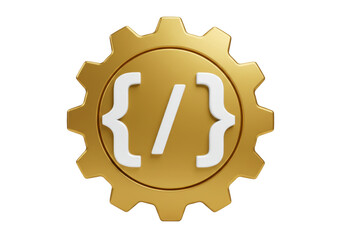 Isolated golden gear with curly brackets and slash, programming or application development concept