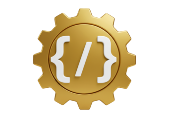 Isolated golden gear with curly brackets and slash, programming or application development concept