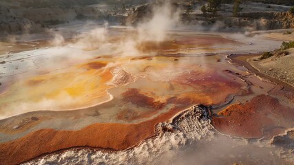 Camera starts gliding over travertine terraces in mountains revealing microbial mats, steam plumes - Powered by Adobe