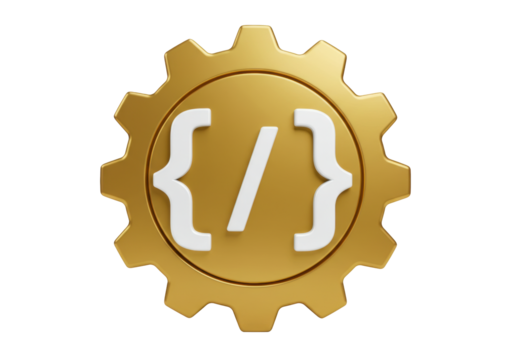 Isolated golden gear with curly brackets and slash, programming or application development concept