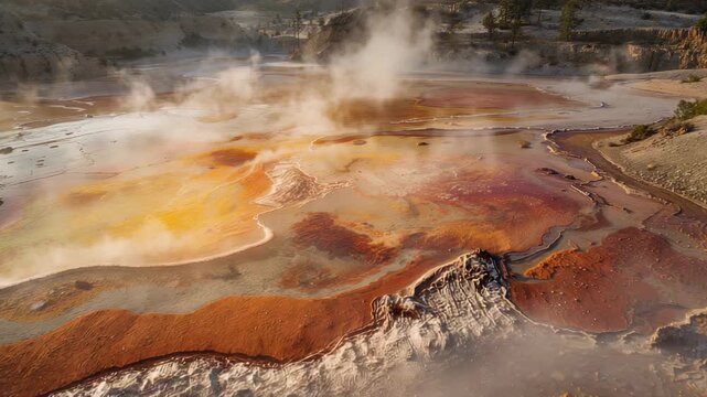Camera starts gliding over travertine terraces in mountains revealing microbial mats, steam plumes