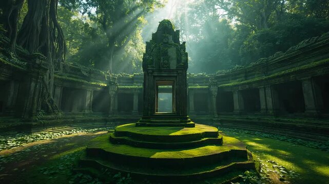 Filtering morning light illuminating mossy stone shrine on tiered platform amid colonnade