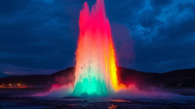 Geyser erupting under pressure in night basin, colored lights illuminating misting runoff channels