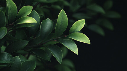 Lush green leaves of a plant captured in a close-up shot, with a dark backdrop, highlighting the beauty of nature.