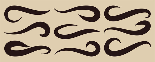 Swooshes text tails, swash underline. Texting tail for lettering or old varsity sport logo vector for apps or web retro style. Hand drawn swirl swoosh underline.