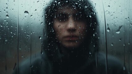 Rain hitting glass pane revealing hooded man wearing jacket standing behind with streaming droplets - Powered by Adobe