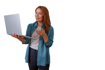 Woman red hair presenting with laptop, gesturing, smiling, discussing online meeting, transparent background