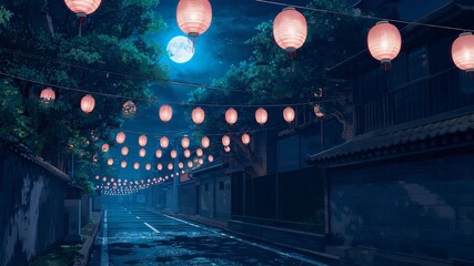 Opening view capturing rows of glowing pink lanterns swaying above wet moonlit street, evoking calm - Powered by Adobe