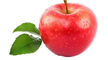 Fresh red apple with water droplets and green leaves against a black studio background