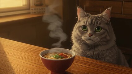 Watching gray tabby cat waiting at wooden kitchen table with curling steam rising from ramen bowl - Powered by Adobe
