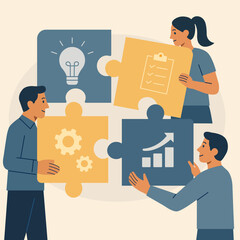 Flat vector illustration of office workers connecting large puzzle pieces with icons of growth, innovation, and planning. Symbol of teamwork, cooperation, and shared success. 