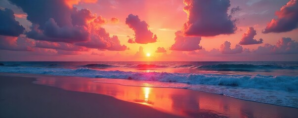 Stunning sunset over a tranquil beach, vibrant colors painting the sky and reflecting on the calm ocean waves Perfect for travel, vacation, or nature themes , red, blue