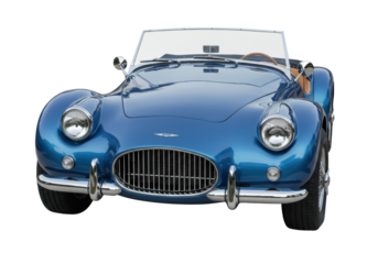 Isolated bright blue vintage convertible sports car showing classic front end features