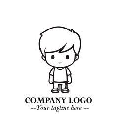 Black and White Chibi Boy Illustration with Jacket and Boots in Bold Thick Line Art Minimal Style
