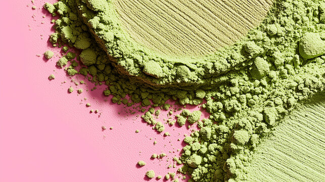 Green matcha powder in shape of brush stroke on plain pink background. Green tea.