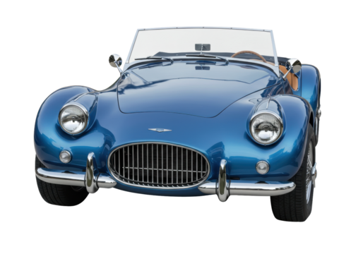 Isolated bright blue vintage convertible sports car showing classic front end features